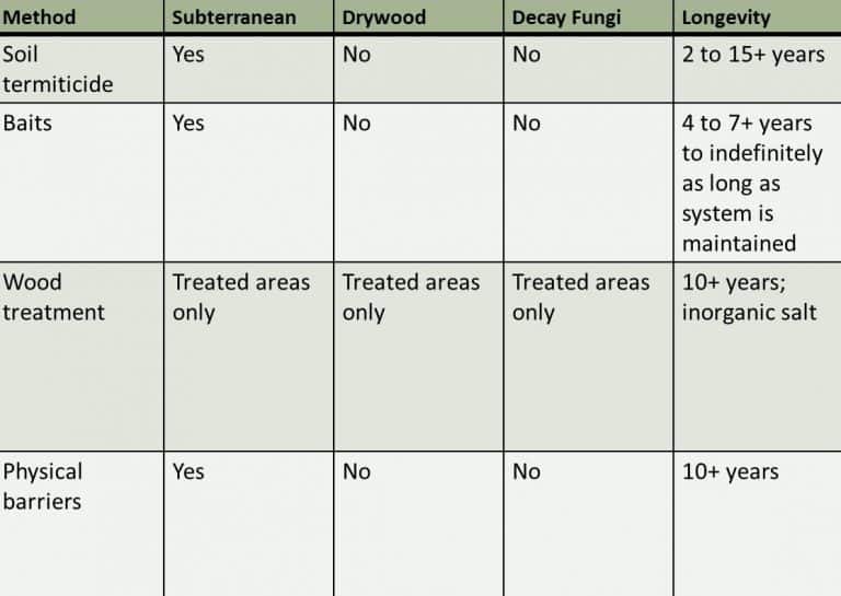 Termite Control Options Table